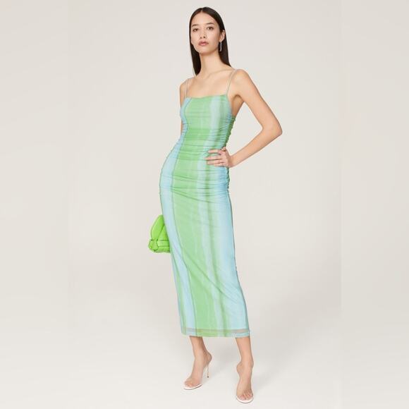 Significant Other Green Blue Striped Mesh Sleeveless Maxi Dress Size 8 - Picture 1 of 7